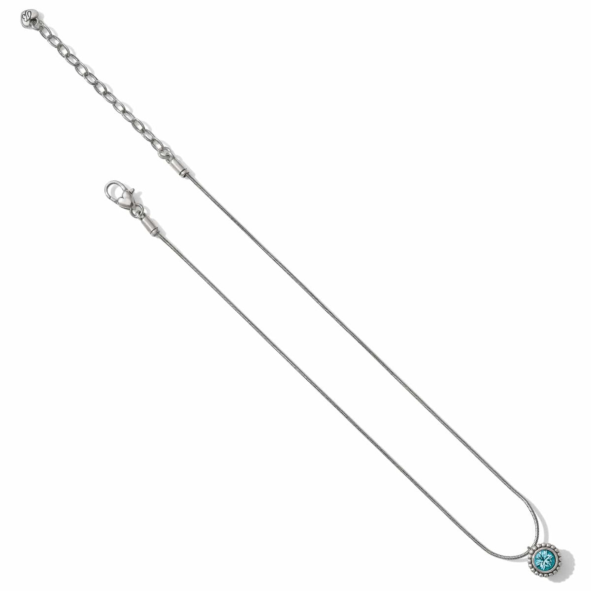 Brighton pendant necklace with blue crystal and silver-plated snake chain with extender on a white background