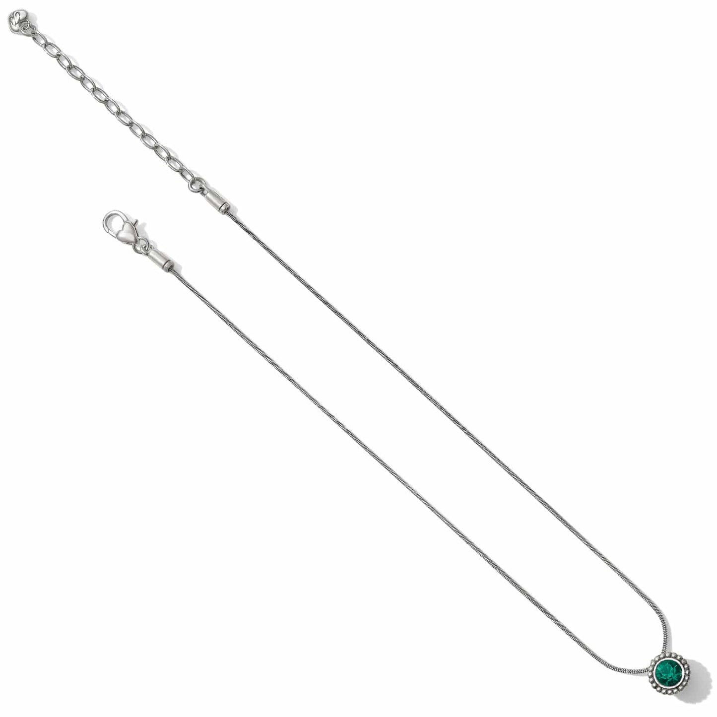 Brighton silver-plated pendant necklace with green crystal centerpiece and adjustable chain on a white background