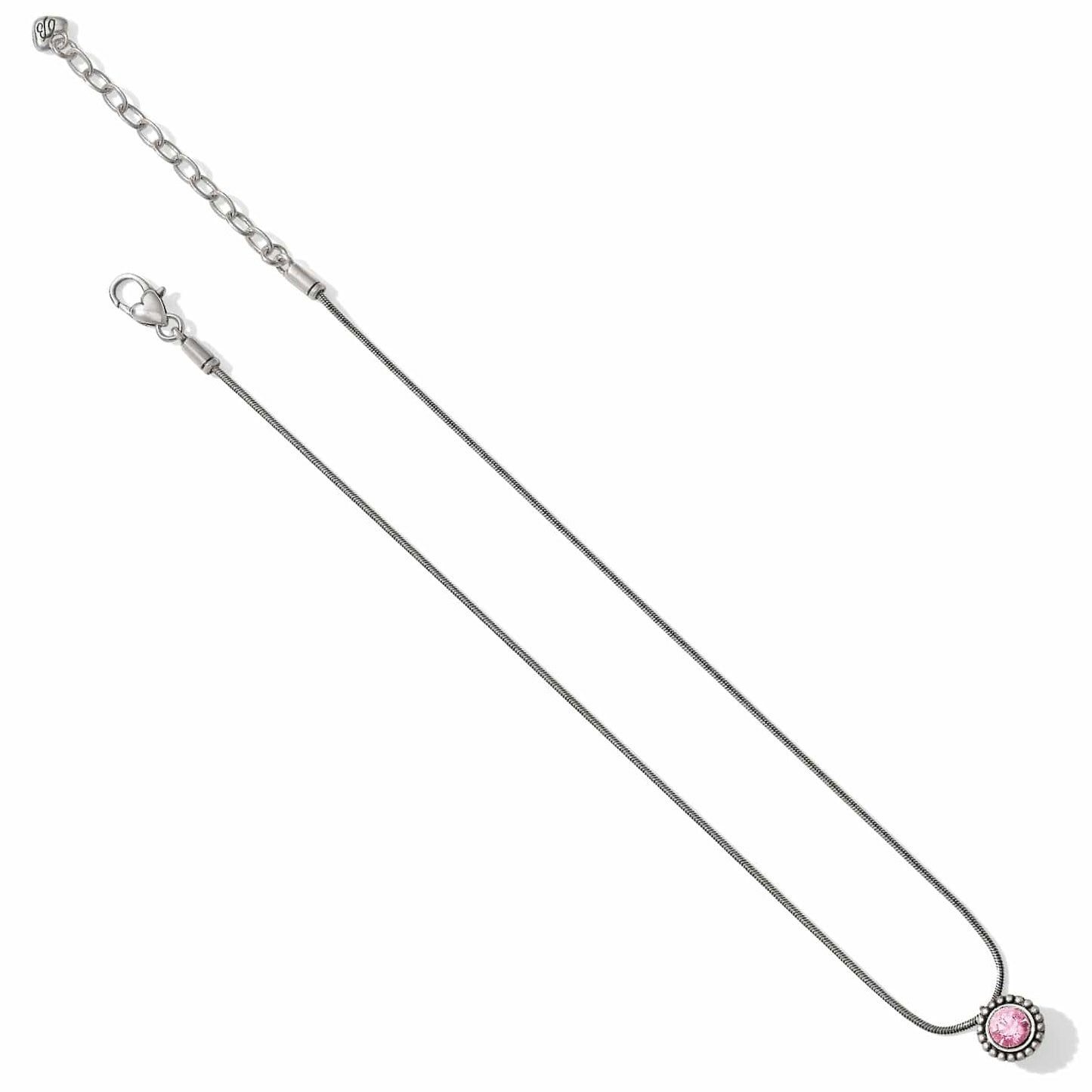 Brighton pendant necklace with pink crystal and silver-plated snake chain with adjustable extender on a white background