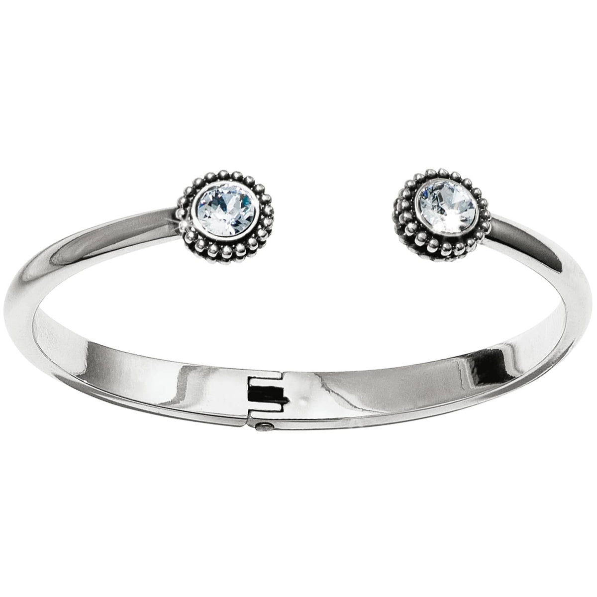 Brighton hinged cuff bracelet with silver-plated finish and two crystal end caps with beaded borders on a white background