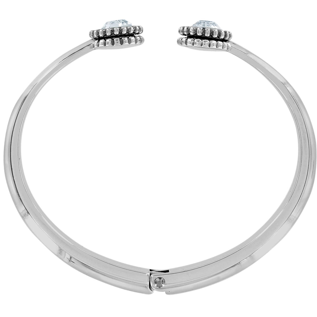 Brighton silver-plated hinged cuff bracelet with crystal accents at open ends, shown from above on a white background