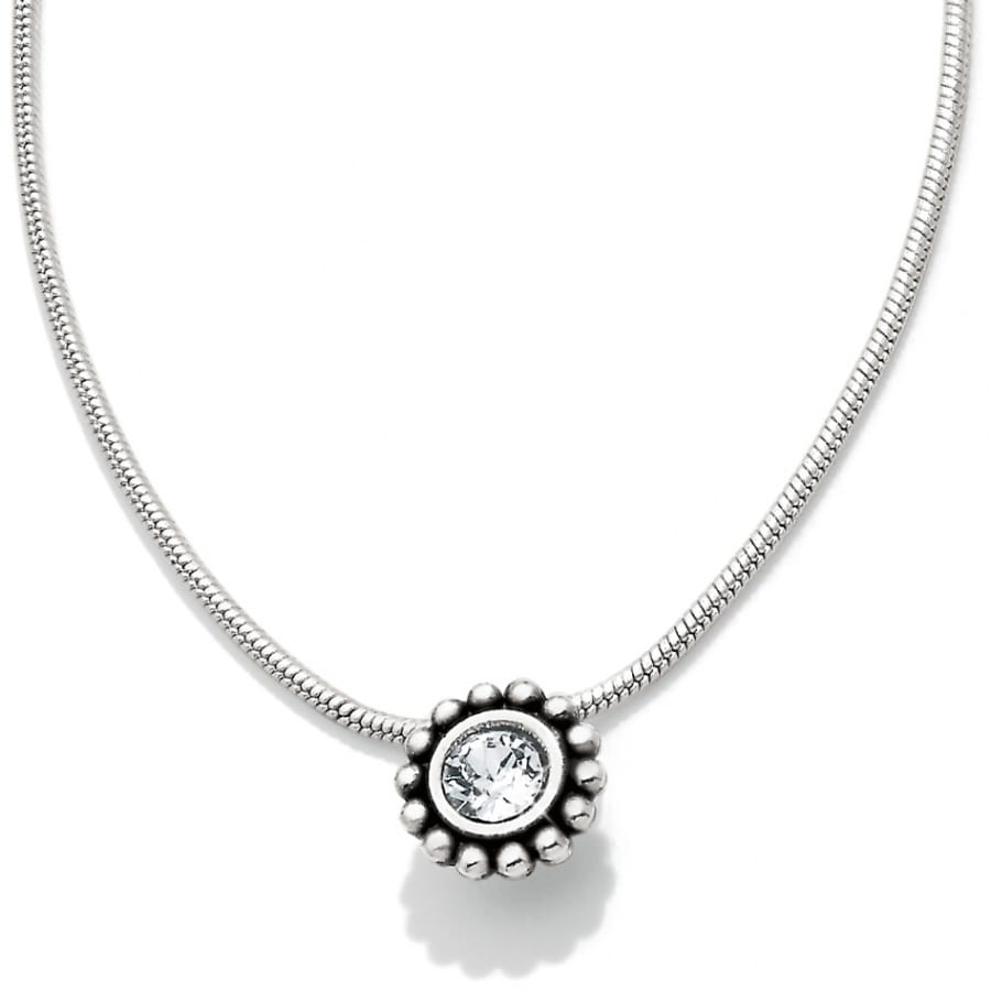 Brighton pendant necklace with silver-plated beaded frame surrounding a round crystal on a white background