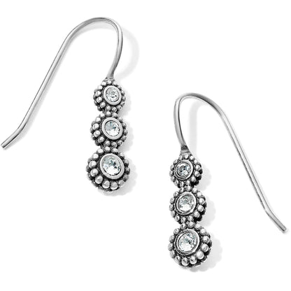 Brighton drop earrings with three graduated crystals and beaded silver-plated detailing on a white background