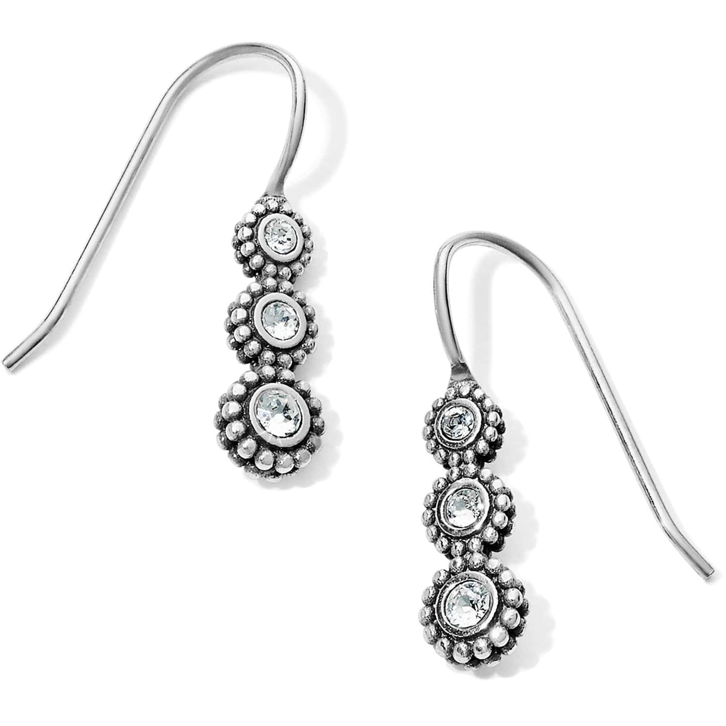 Brighton drop earrings with three graduated crystals and beaded silver-plated detailing on a white background