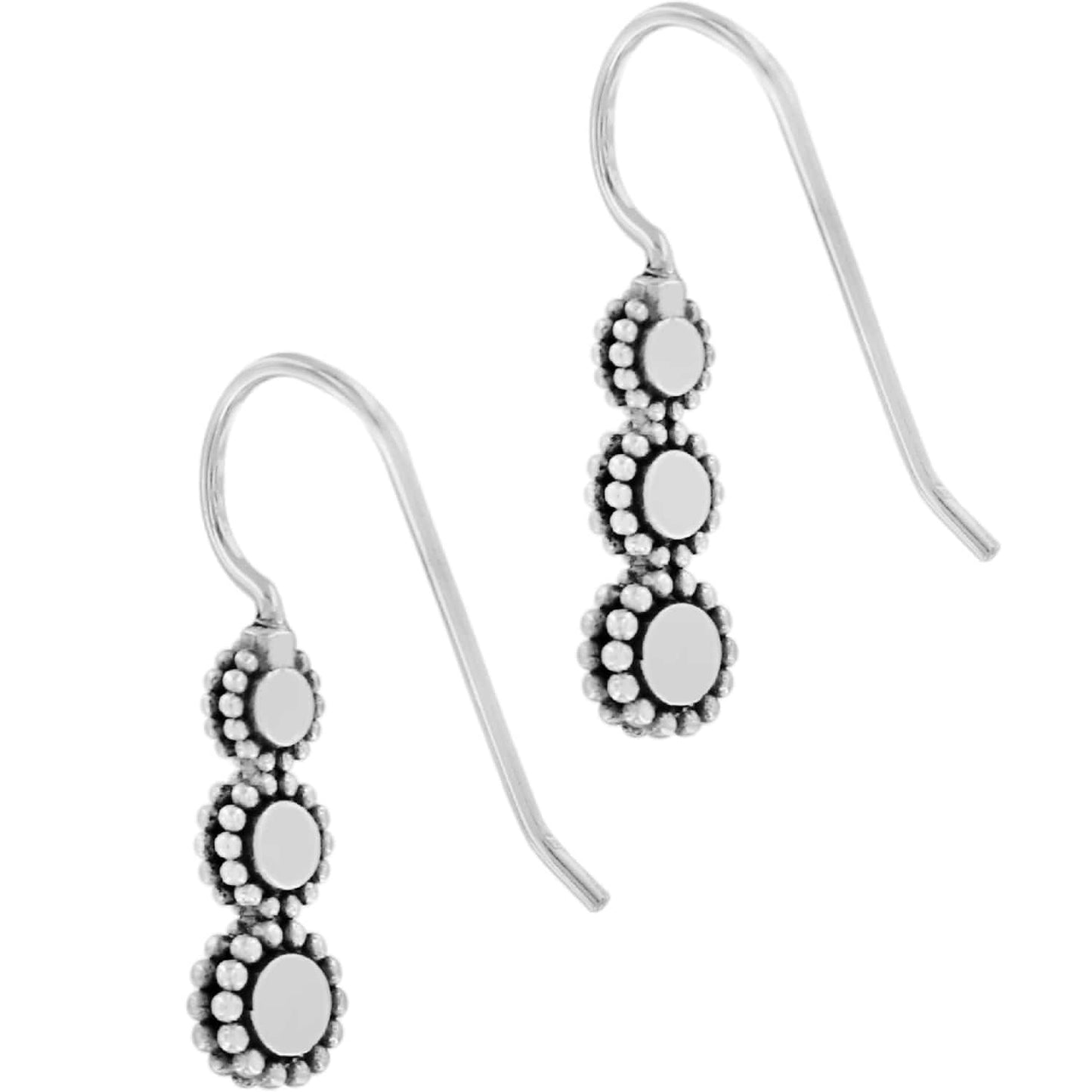 Brighton drop earrings with three silver-plated oval discs and beaded borders on a white background