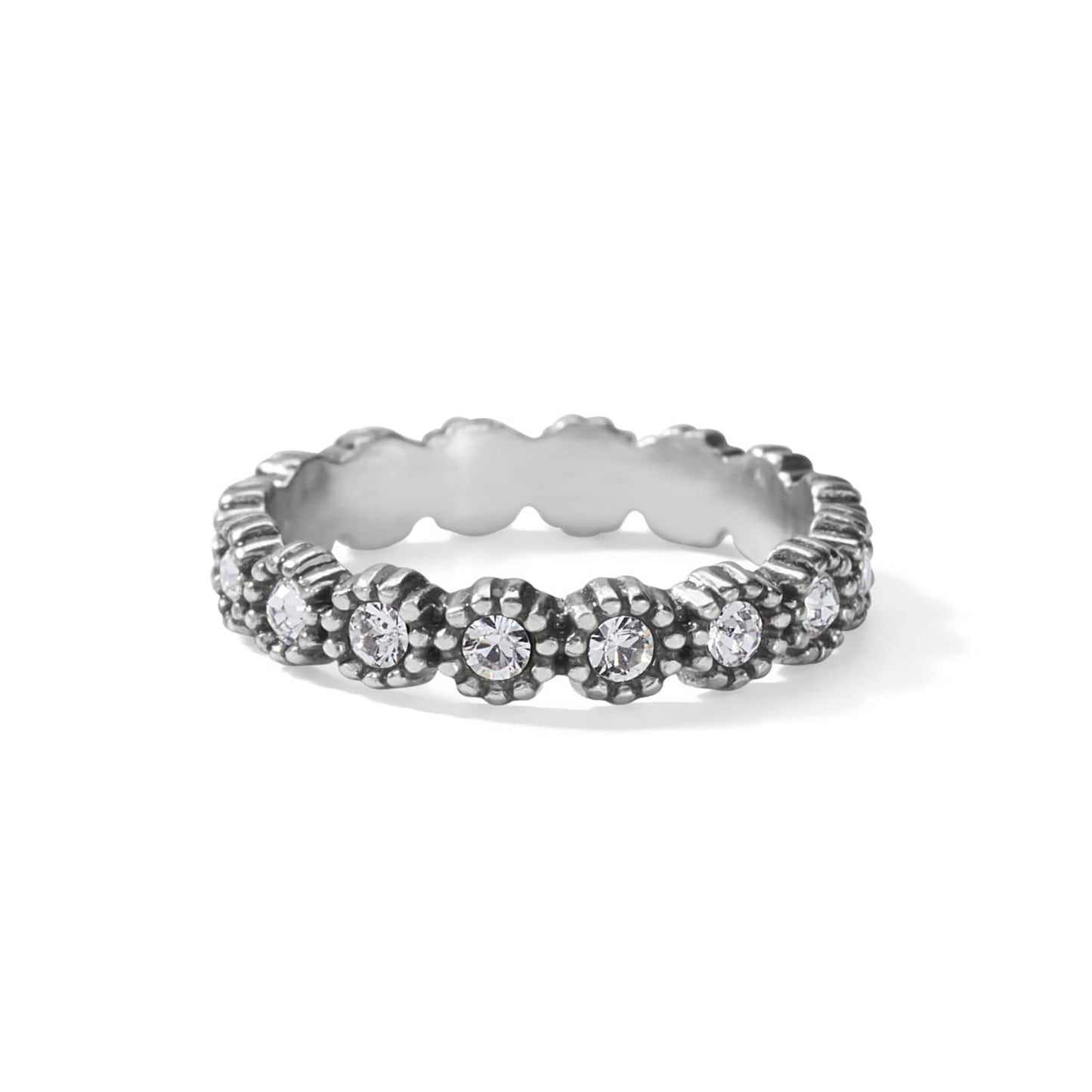 Brighton silver-plated band ring with crystals set in beaded floral stations on a white background