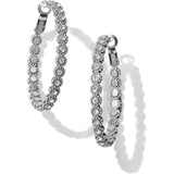 Brighton silver-plated hoop earrings with beaded texture and pavé crystal accents on a white background