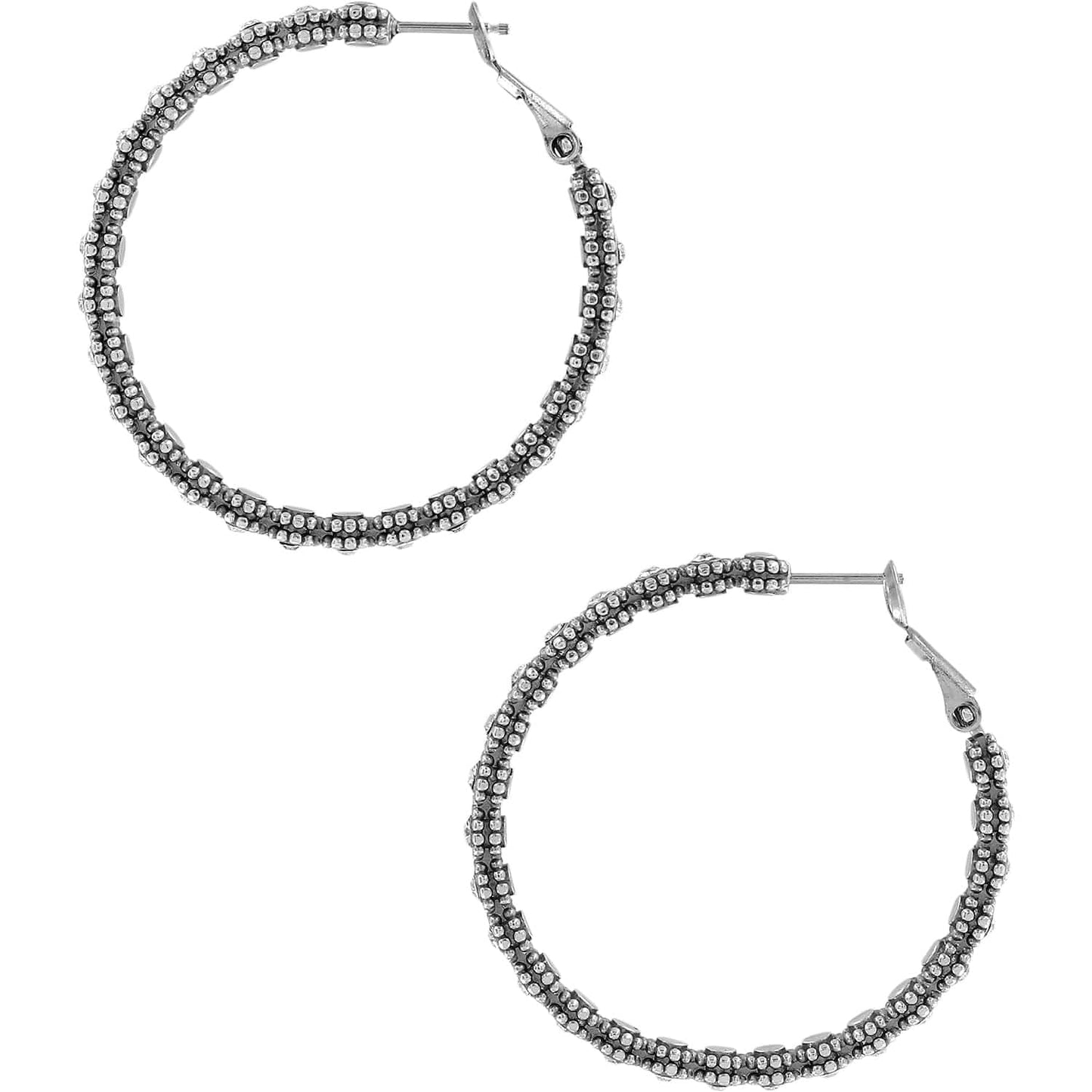 Brighton hoop earrings with silver-plated beaded texture and crystal accents, shown as a pair on a white background