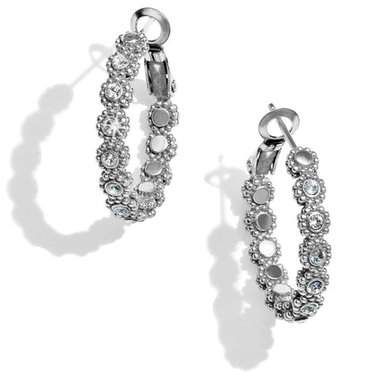 Brighton hoop earrings with silver-plated beaded texture and crystal accents around the hoops on a white background