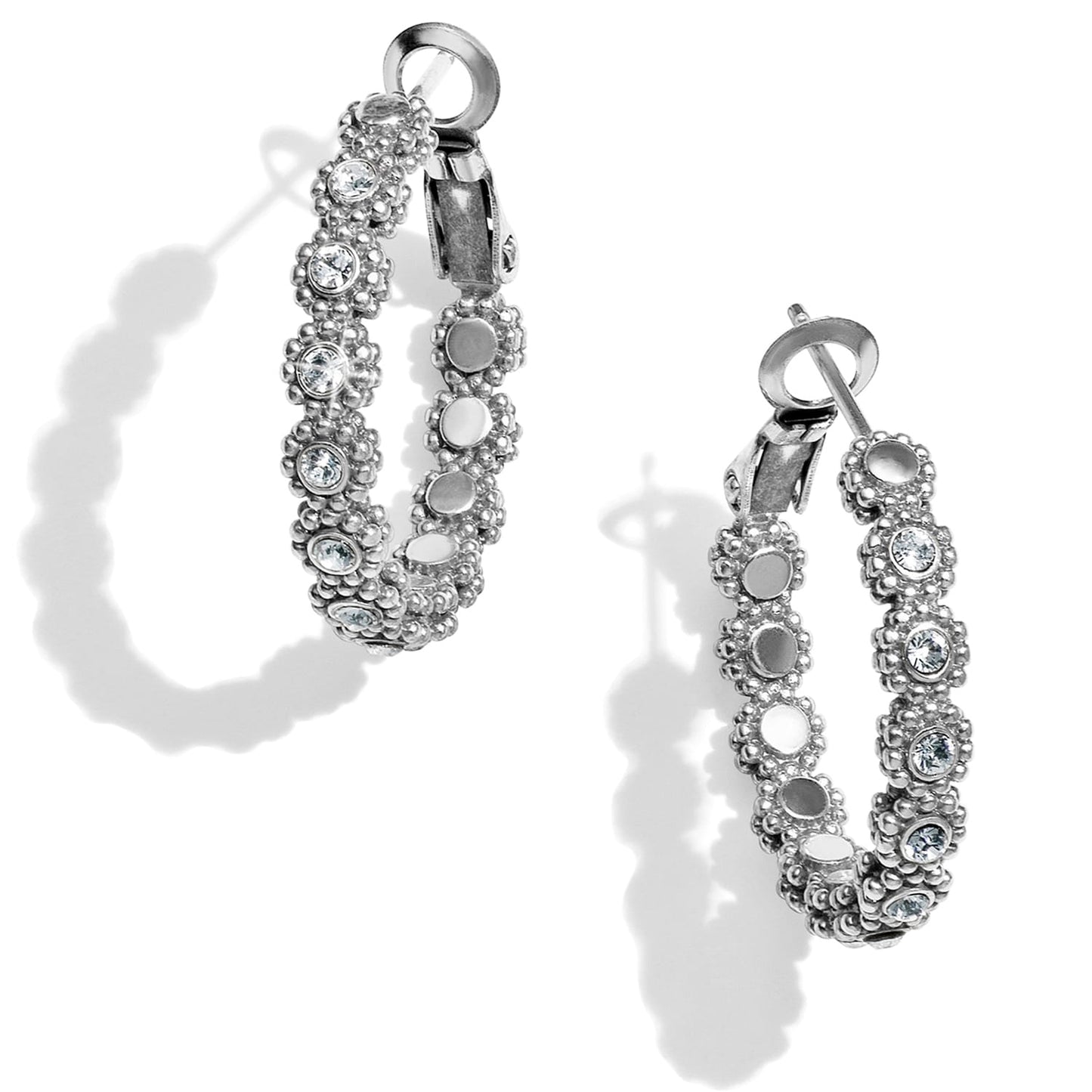 Brighton hoop earrings with silver-plated beaded texture and crystal accents around the hoops on a white background