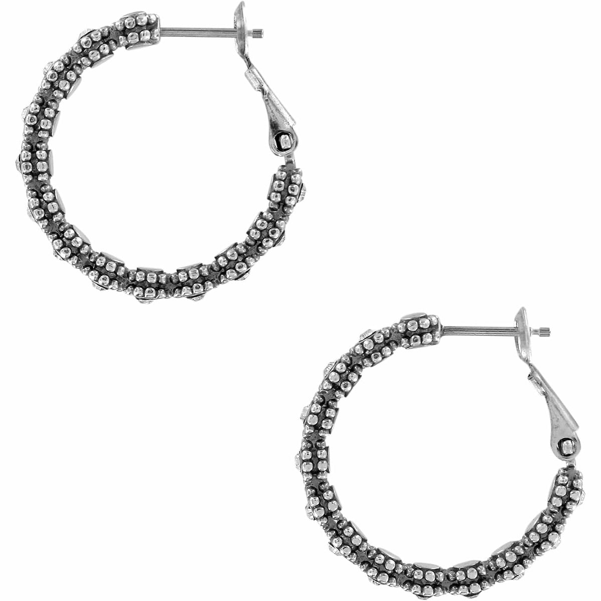 Brighton hoop earrings with silver-plated beaded texture and hinged closures, shown from two angles on a white background