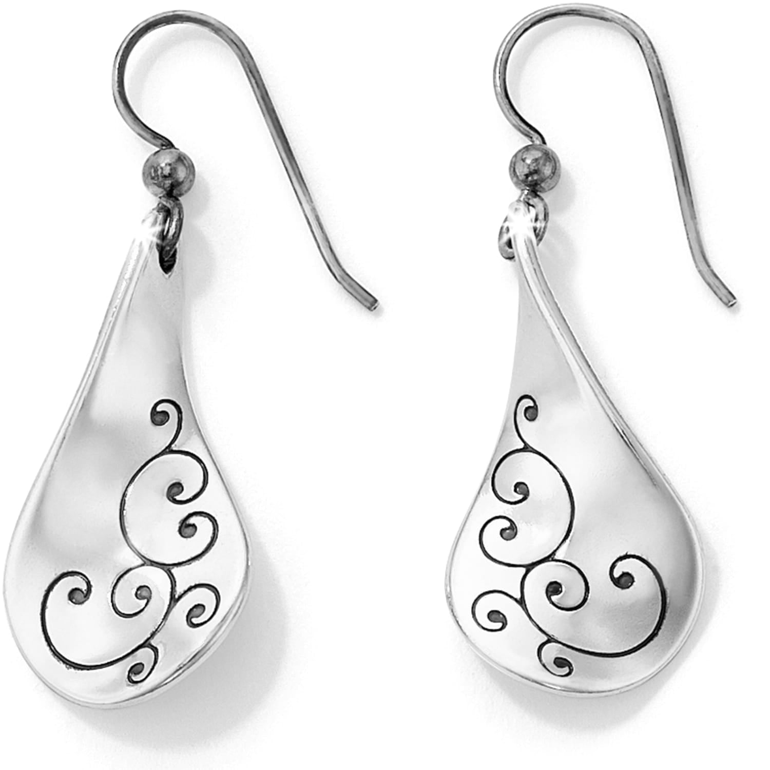 Brighton drop earrings with silver-plated teardrop shapes featuring engraved scroll swirl detailing on a white background