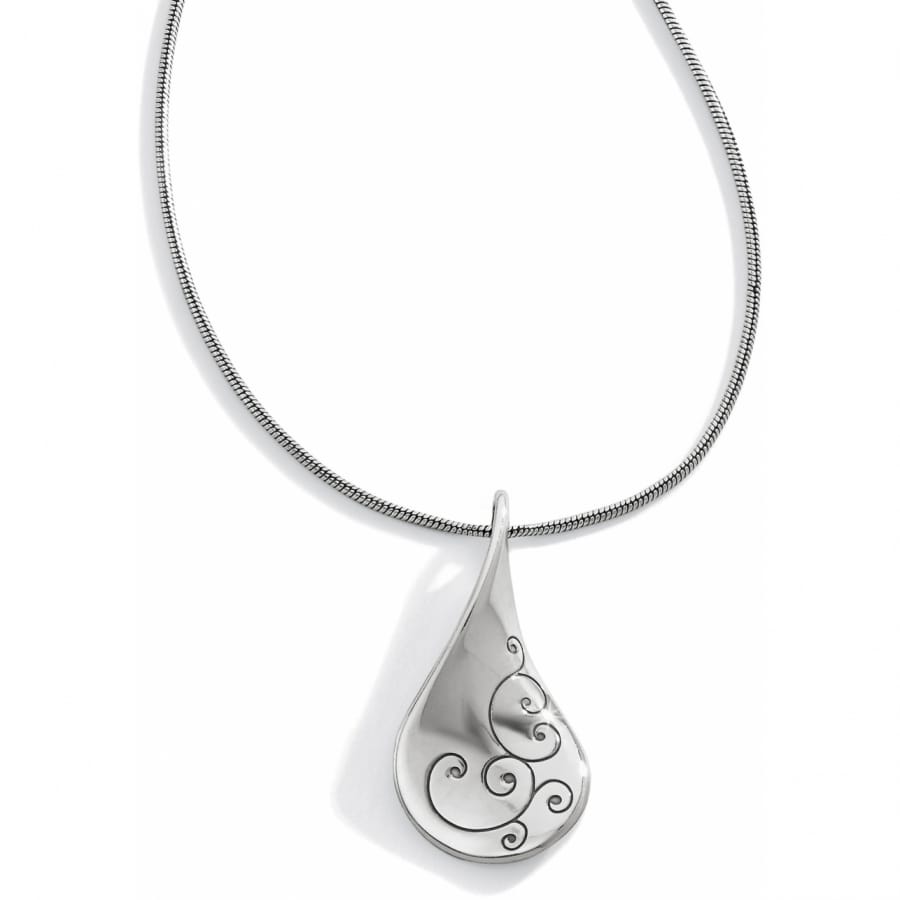 Brighton pendant necklace with silver-plated teardrop pendant featuring swirl detailing on a snake chain on a white background