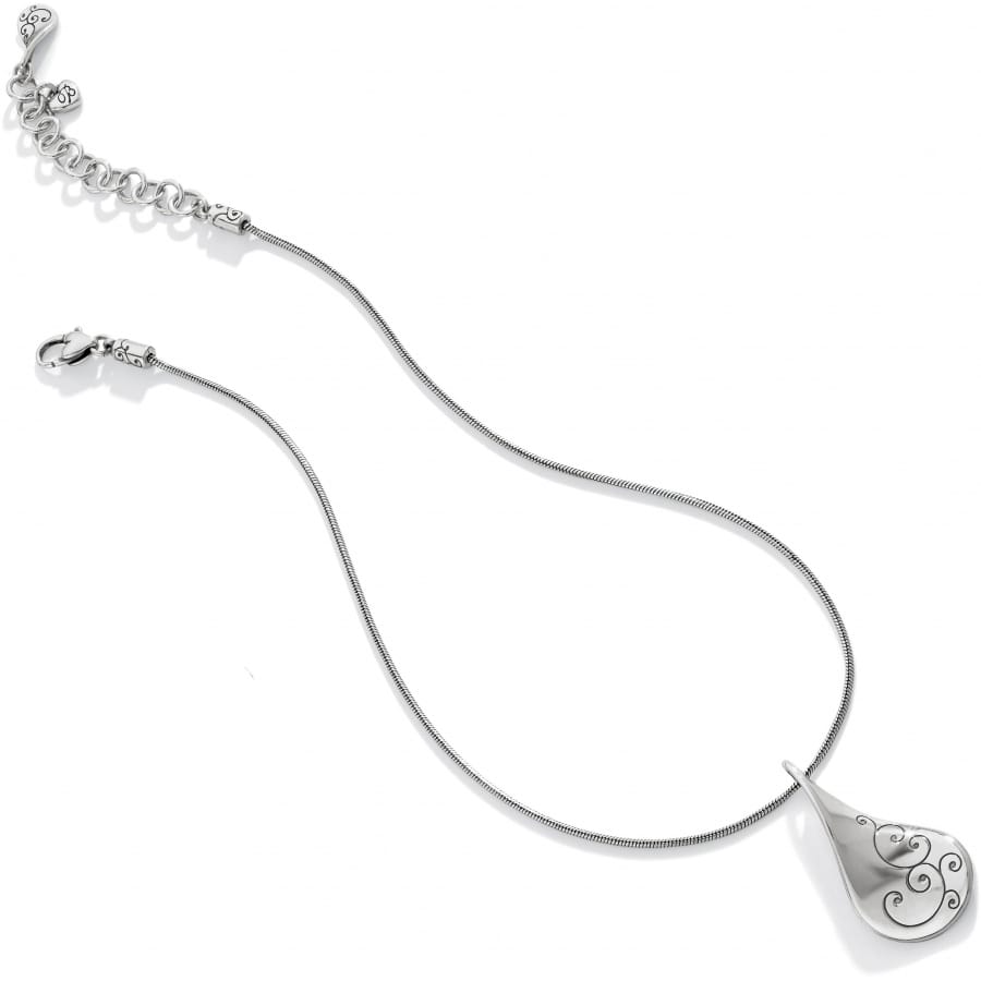 Brighton pendant necklace with silver-plated teardrop pendant featuring scroll detail and snake chain on a white background