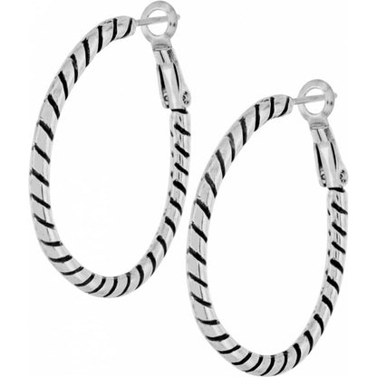 Brighton hoop earrings with silver-plated twisted rope texture and post backs on a white background