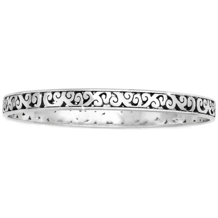 Brighton bangle bracelet with silver-plated scroll filigree pattern and hammered interior detail on a white background