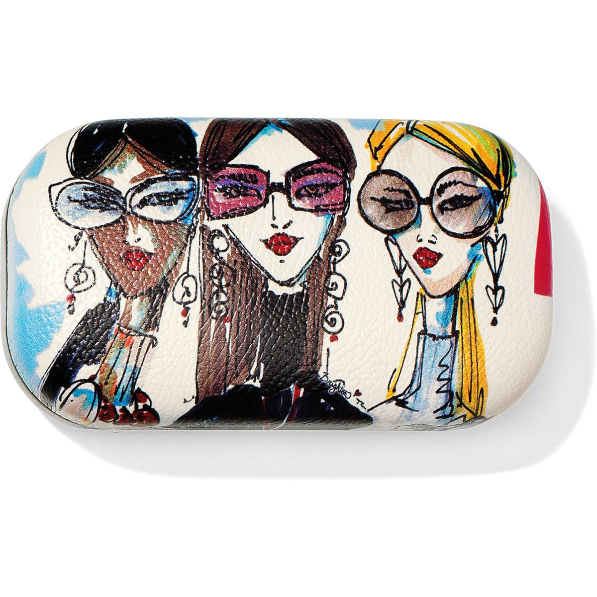Brighton sunglasses case with illustrated print of three fashionable women wearing sunglasses and earrings on a white background