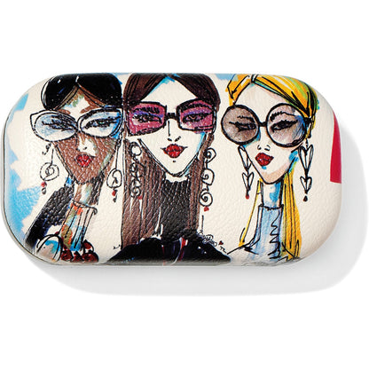 Brighton sunglasses case with illustrated print of three fashionable women wearing sunglasses and earrings on a white background
