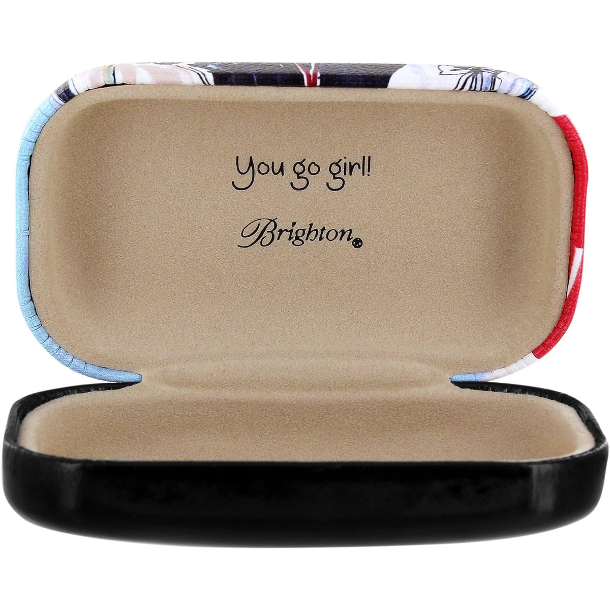 Brighton case shown open with tan interior lining reading You go girl and floral exterior on a white background