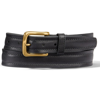 Brighton black leather belt with gold-tone buckle and stitched edge detailing, coiled on a white background