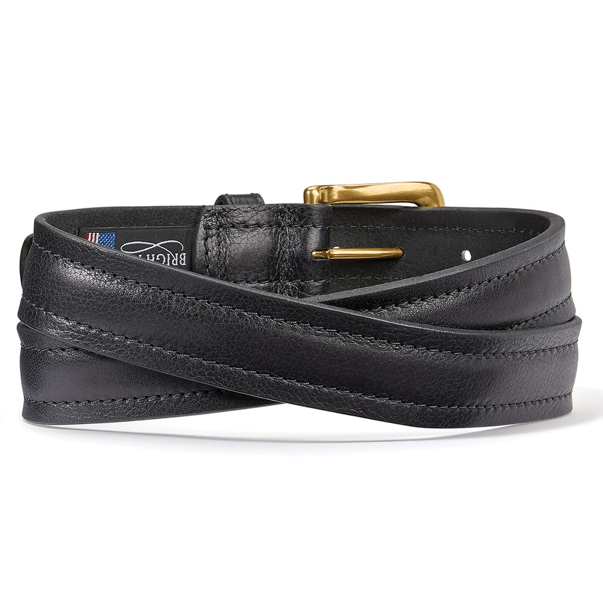 Brighton black leather belt with stitched edges and gold-tone buckle, coiled to show length on a white background