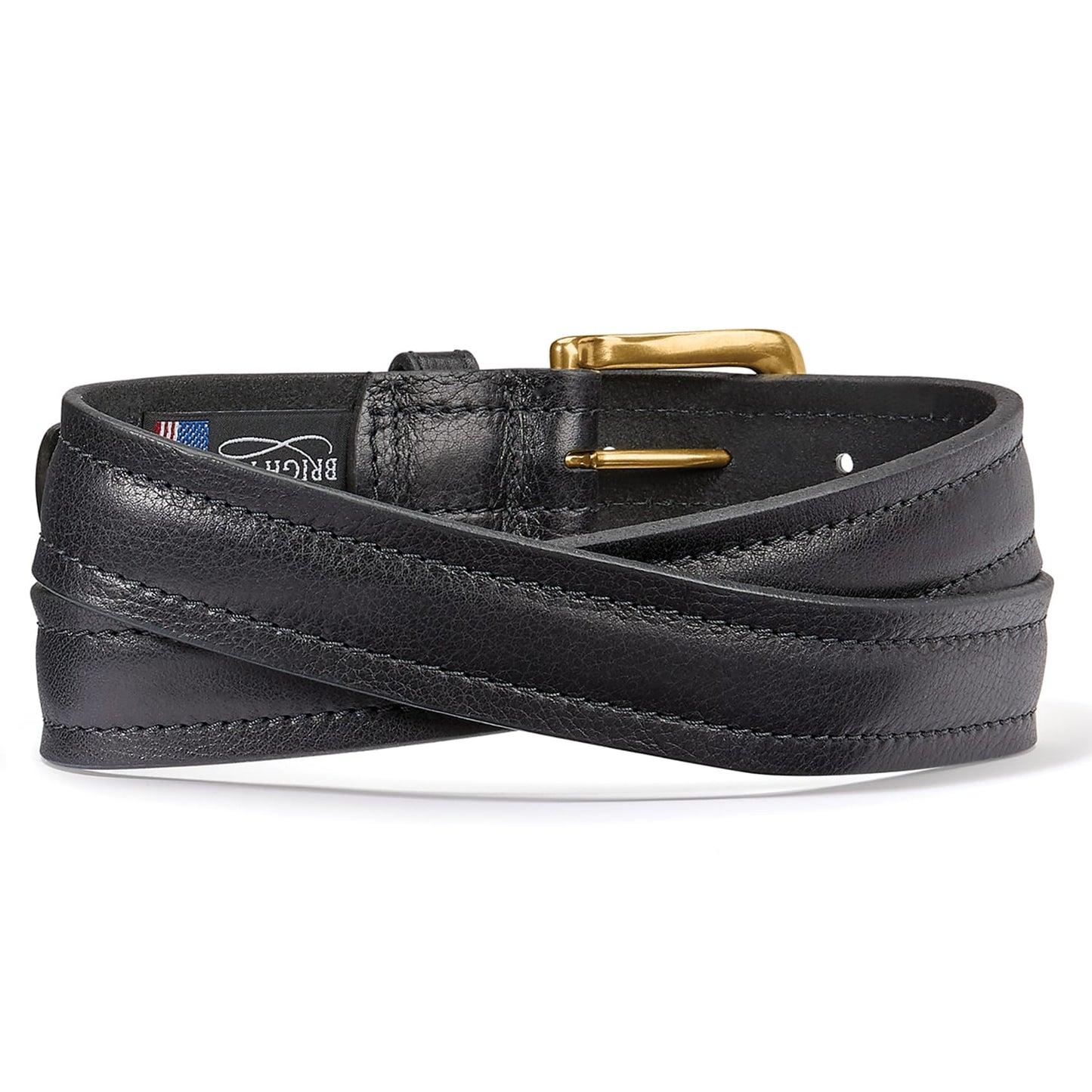Brighton black leather belt with stitched edges and gold-tone buckle, coiled to show length on a white background