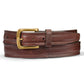 Brighton brown leather belt with gold-tone buckle and stitched edge detail on a white background
