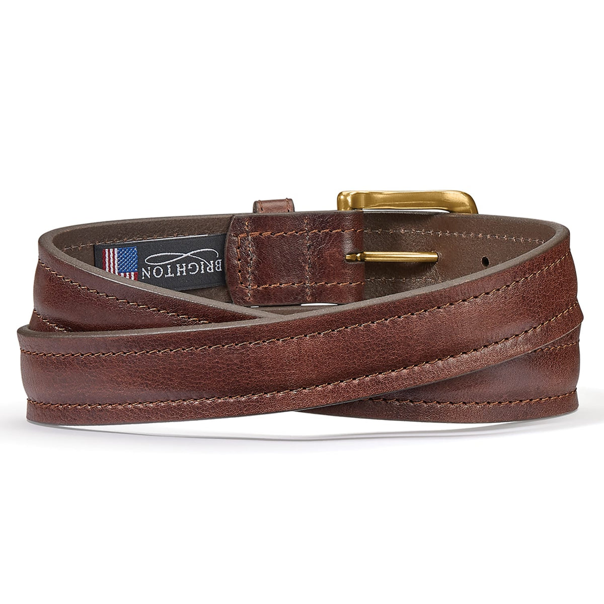 Brighton brown leather belt coiled with contrast stitching, gold-tone buckle, and branded loop tag on a white background
