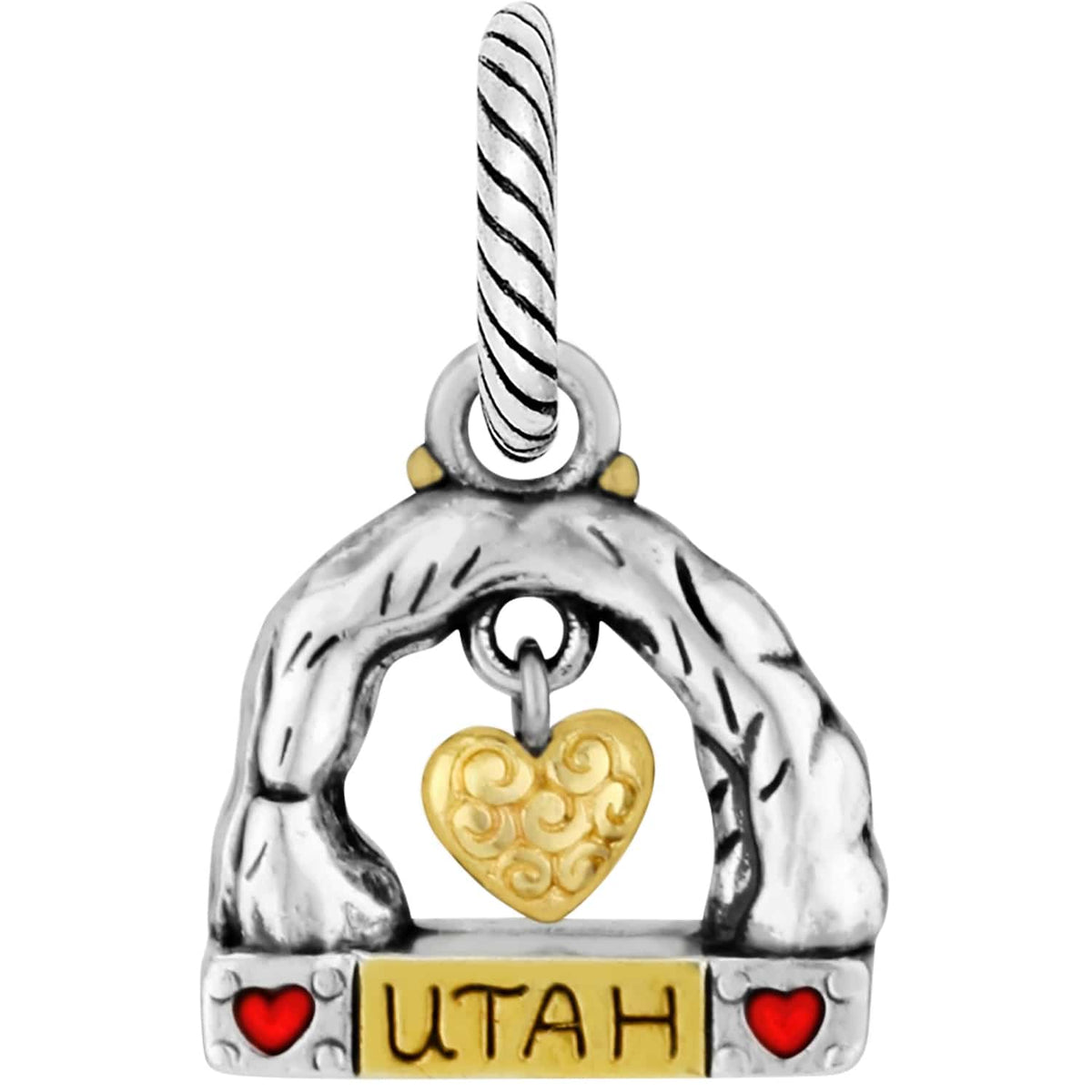 Brighton charm with silver-tone arch, gold-tone scrolled heart, and Utah nameplate with red heart accents on a white background