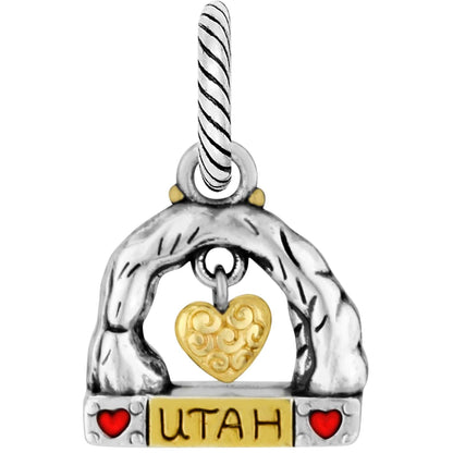 Brighton charm with silver-tone arch, gold-tone scrolled heart, and Utah nameplate with red heart accents on a white background