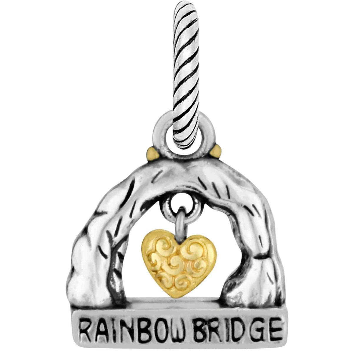 Brighton Rainbow Bridge charm with silver-tone arch and gold-tone filigree heart dangling in center on a white background