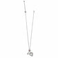 Brighton silver-plated necklace with hammered heart pendant, crystal charm, and pink crystal accent on a white background