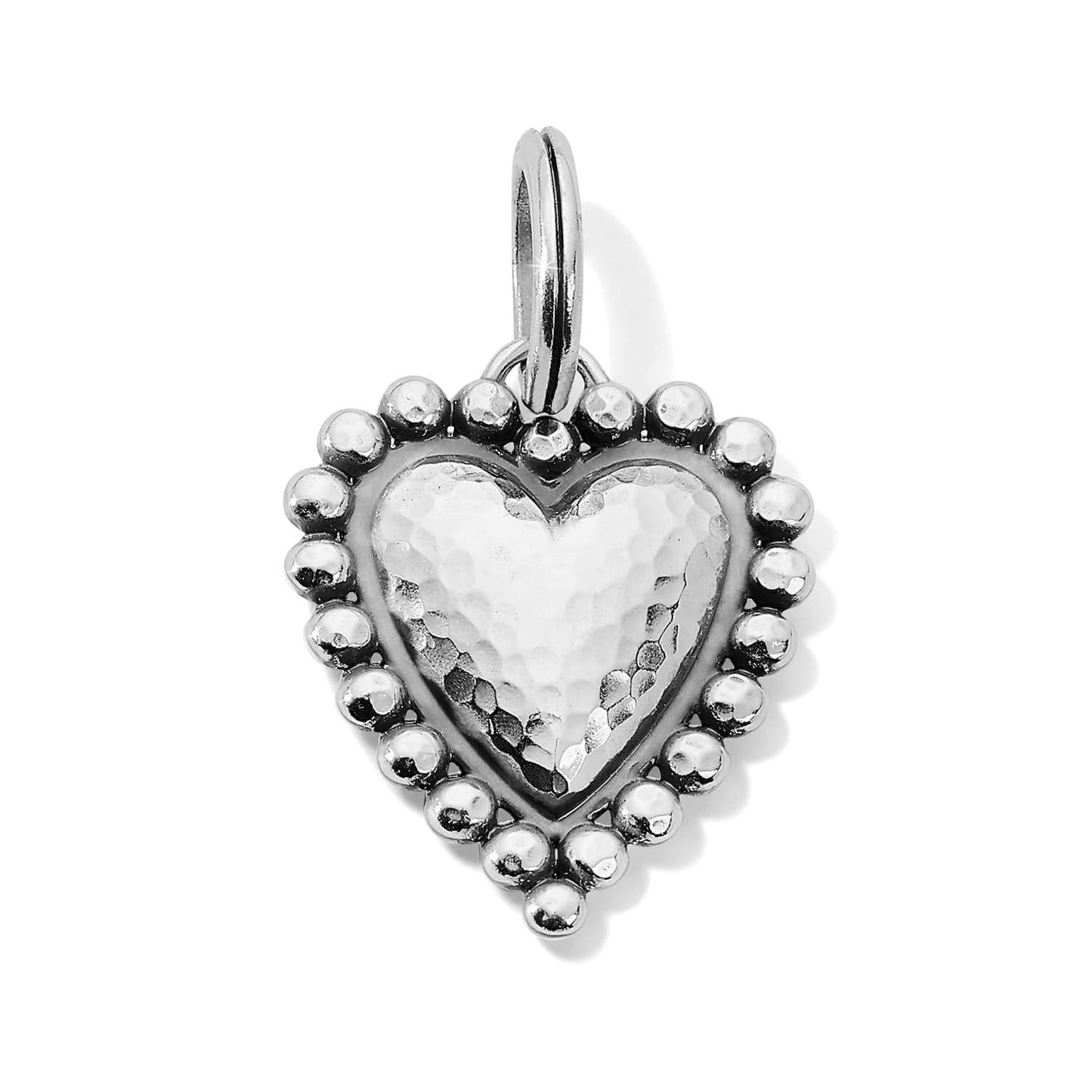 Brighton heart charm with hammered silver-plated center and beaded border with split ring on a white background