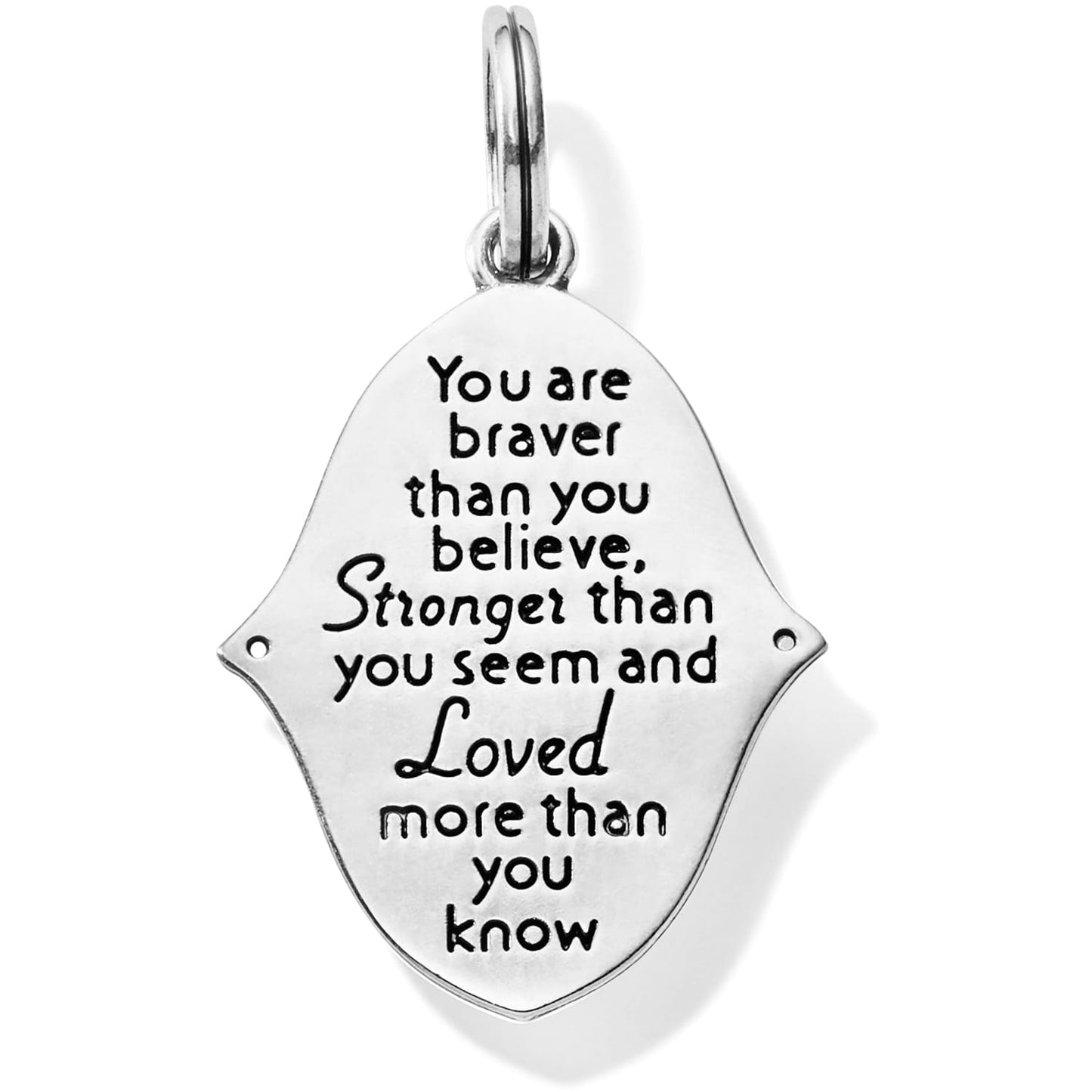 Brighton charm with engraved inspirational message about being braver, stronger, and loved, on a white background