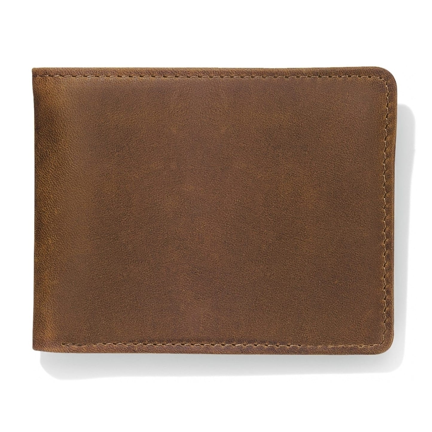 Brighton bifold wallet in brown leather with visible stitching along the top and right edges on a white background