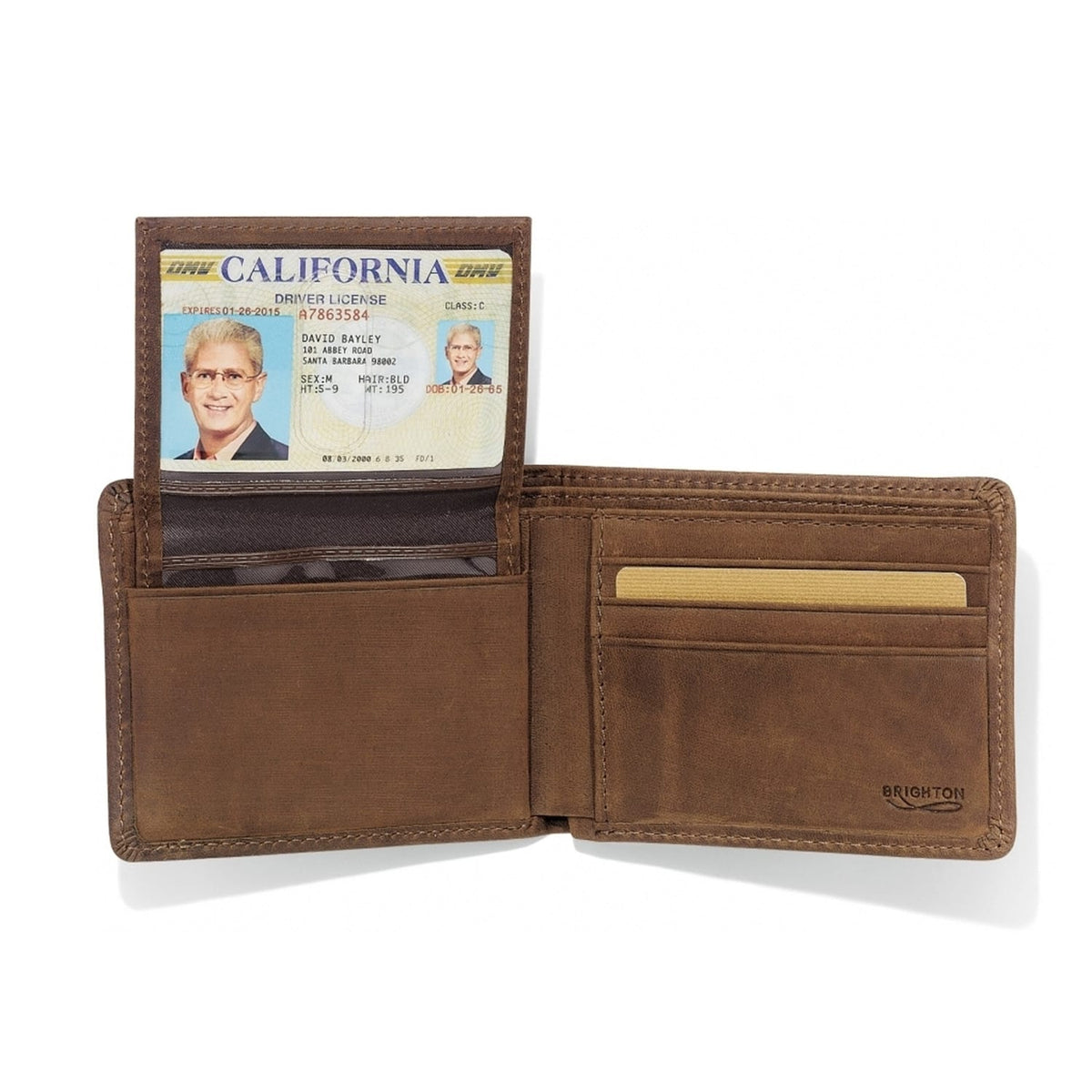 Brighton bifold wallet shown open with brown leather interior, ID window, and multiple card slots on a white background