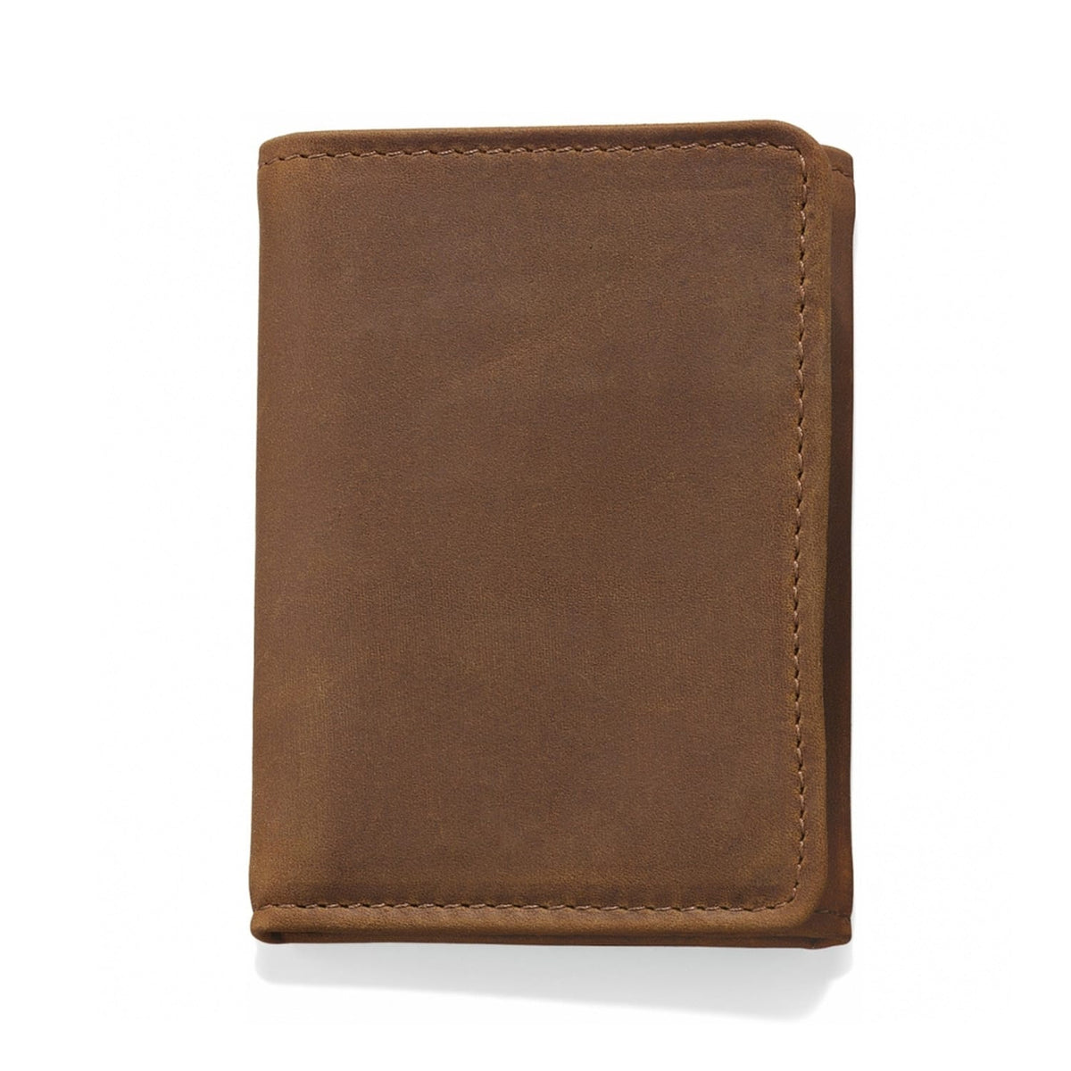 Brighton trifold wallet in brown leather with visible edge stitching shown closed on a white background
