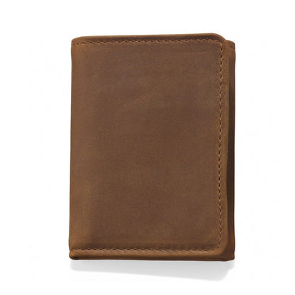 Brighton trifold wallet in brown leather with visible edge stitching shown closed on a white background