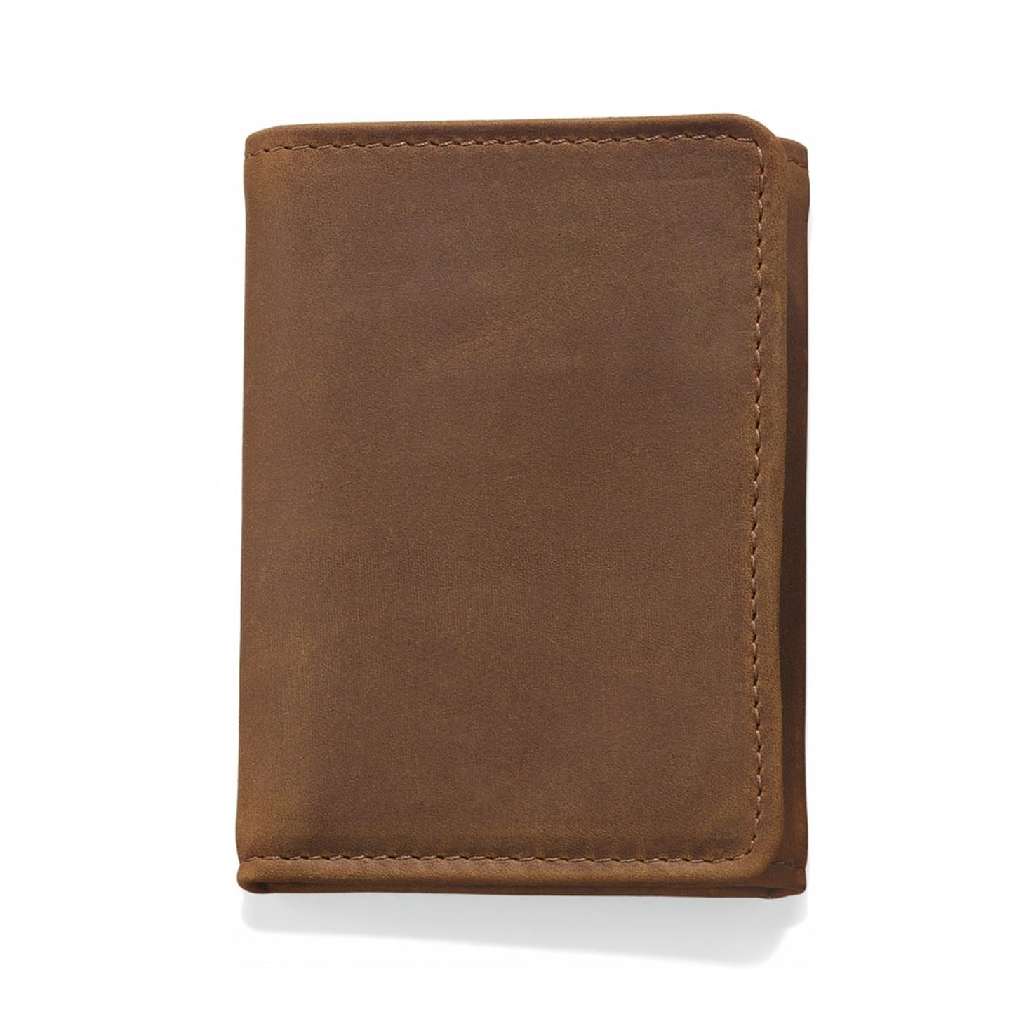 Brighton trifold wallet in brown leather with visible edge stitching shown closed on a white background