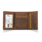 Brighton trifold wallet shown open with brown leather interior, ID window, and multiple card slots on a white background