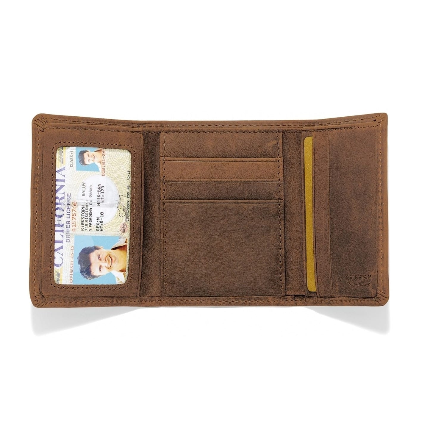 Brighton trifold wallet shown open with brown leather interior, ID window, and multiple card slots on a white background