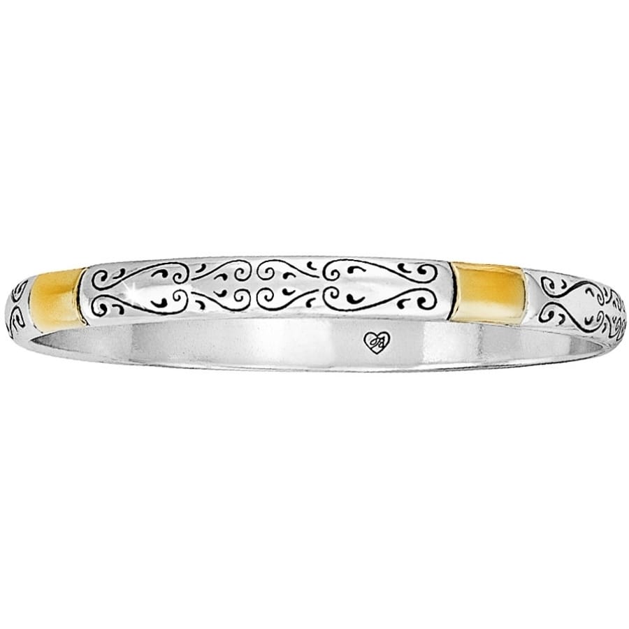 Brighton bangle bracelet with silver-plated scroll engraving and gold-plated accent panels on a white background