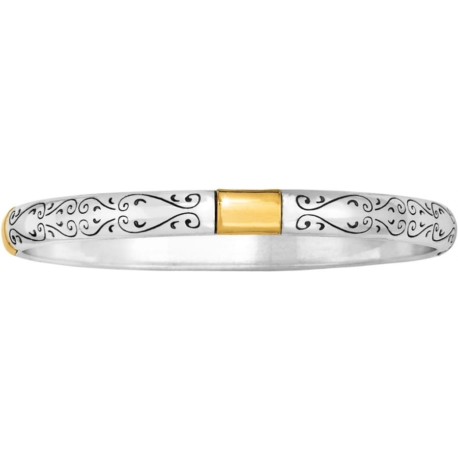Brighton bangle bracelet with silver-plated scroll engraved band and gold-plated center accent on a white background