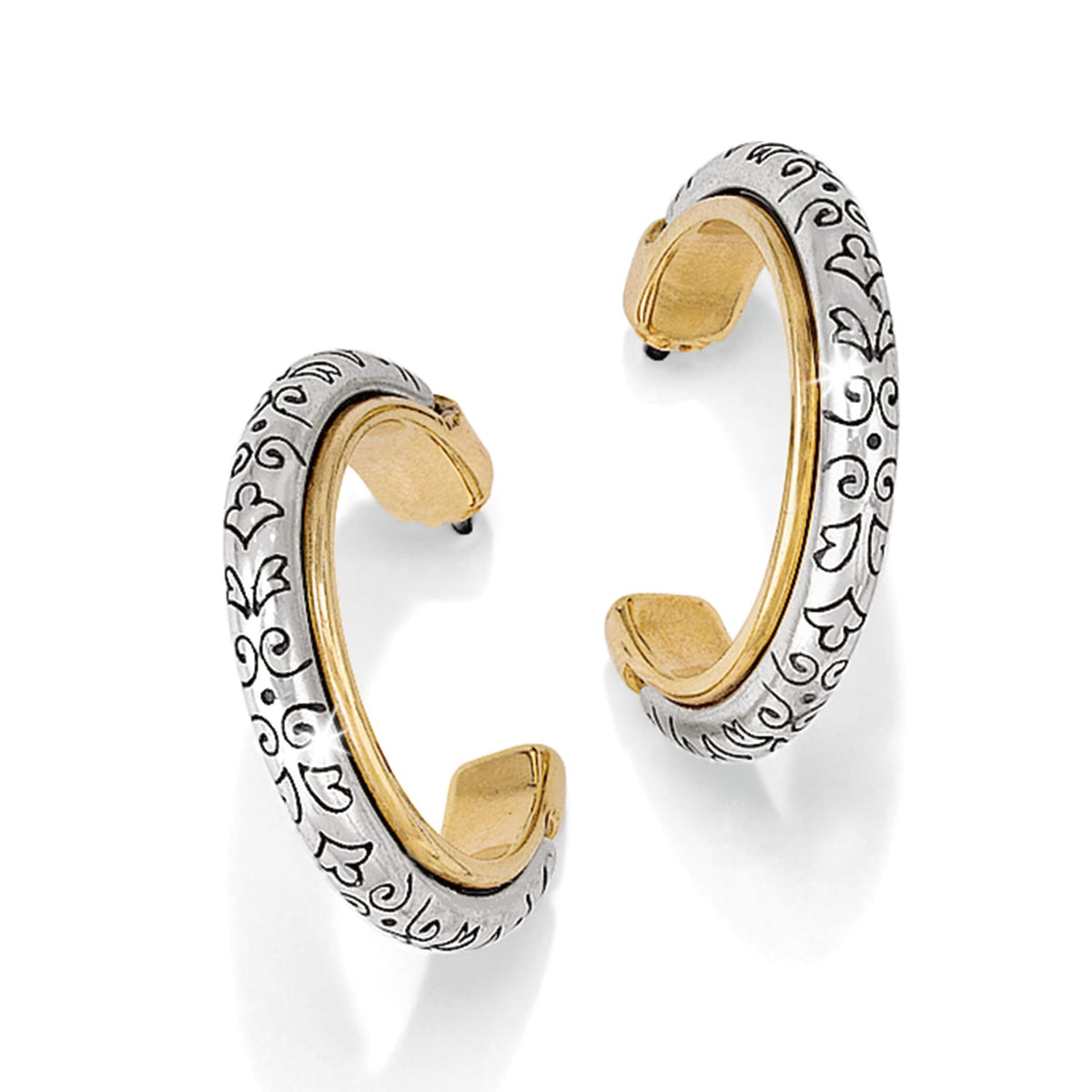 Brighton hoop earrings with silver-plated engraved scroll motifs and gold-plated inner bands on a white background