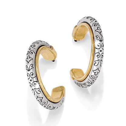 Brighton hoop earrings with silver-plated engraved scroll motifs and gold-plated inner bands on a white background