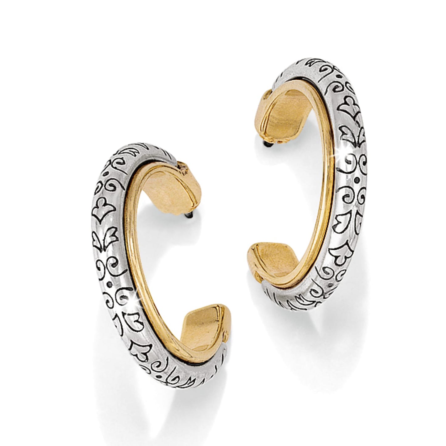 Brighton hoop earrings with silver-plated engraved scroll motifs and gold-plated inner bands on a white background