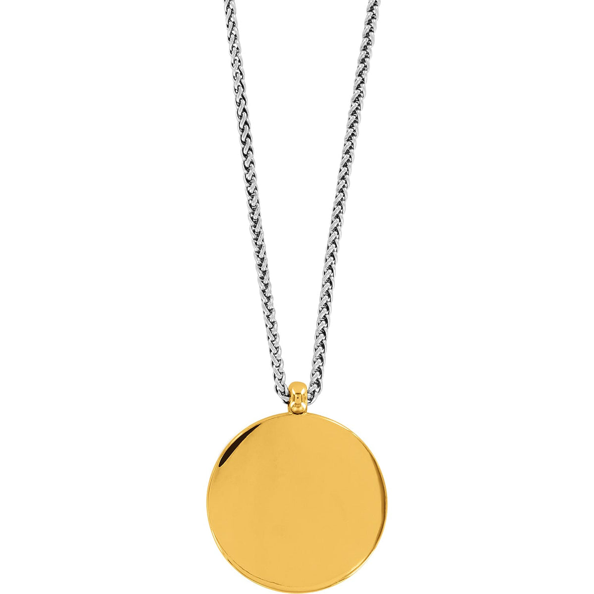 Brighton pendant necklace with round gold-tone disc and silver-tone woven chain on a white background