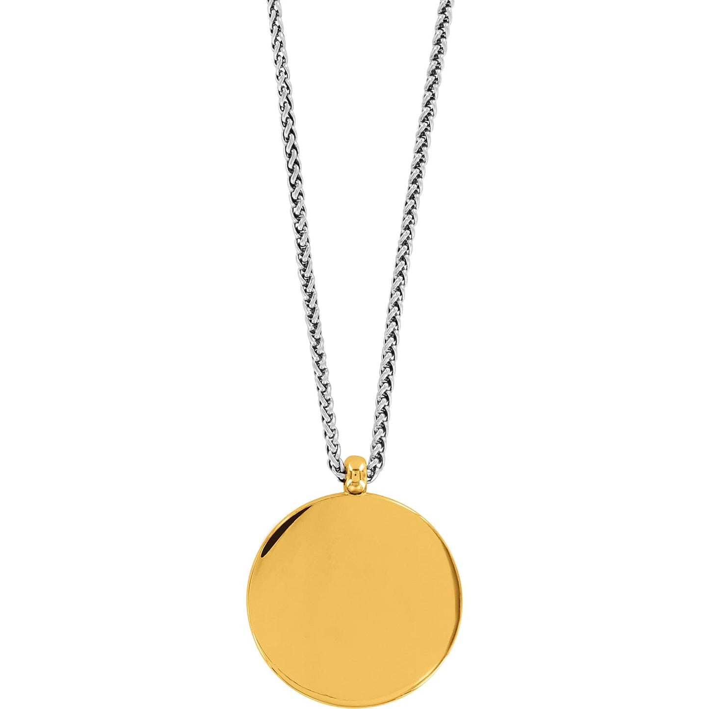 Brighton pendant necklace with round gold-tone disc and silver-tone woven chain on a white background