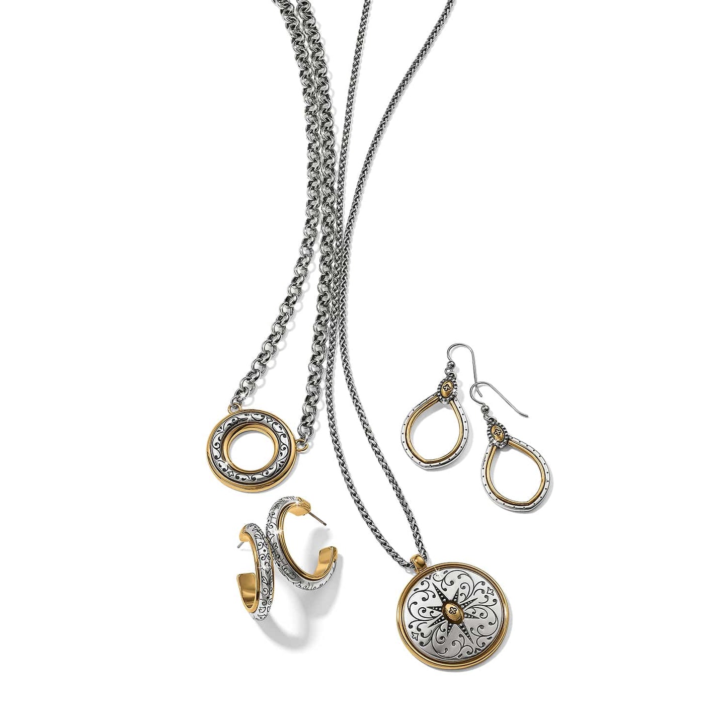 Brighton two-tone jewelry set styled with silver chain necklaces, circle pendant, and matching hoop and drop earrings