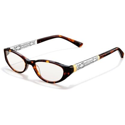 Brighton eyeglasses with tortoiseshell frames and silver-tone scrollwork temples with gold-tone accents on a white background